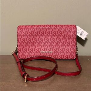 Michael Kors Jet Set Travel Cherry Red Medium FlaCrossbody Bag with Gold Accents